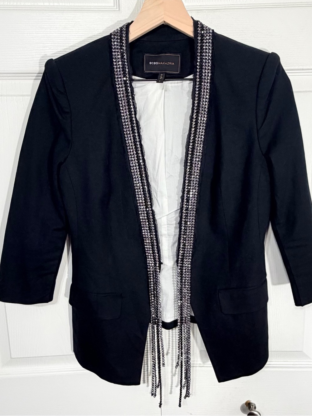 BCBGMAXAZRIA Black Embellished Chain Fringe Blazer Rhinestones Womens Small